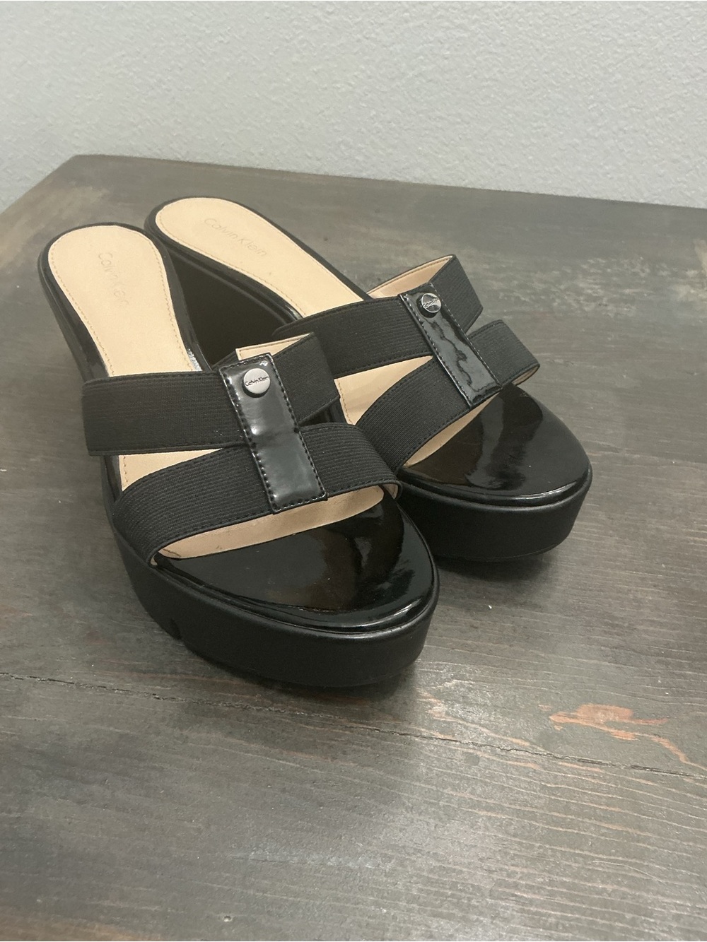 Calvin Klein Ying Black Stretchy Strap Platform Wedge Sandals Size 8.5